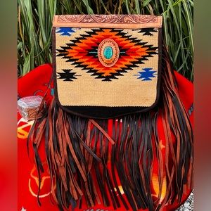 Saddleblanket Turquoise Stone Tooled Leather Fringe Purse